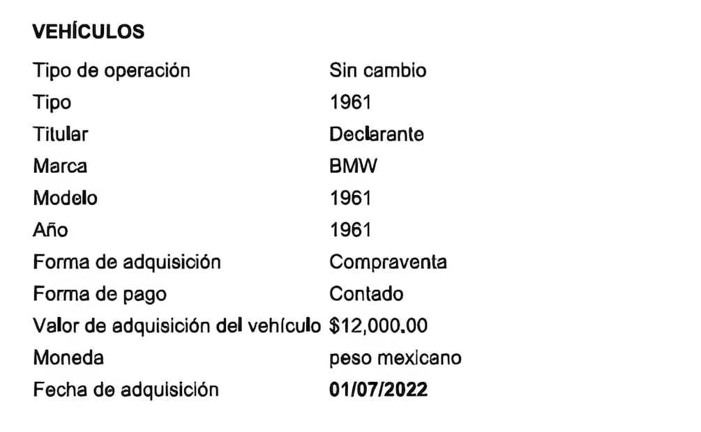 Aparicio registró un BMW de 1961 adquirido en 2022 por 12 mil pesos. | Captura de su declaración patrimonial