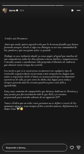A través de un comunicado dirigido a sus fans, Danna les pide que no se unan al hate en redes sociales.
Foto: Instagram, vía @danna
