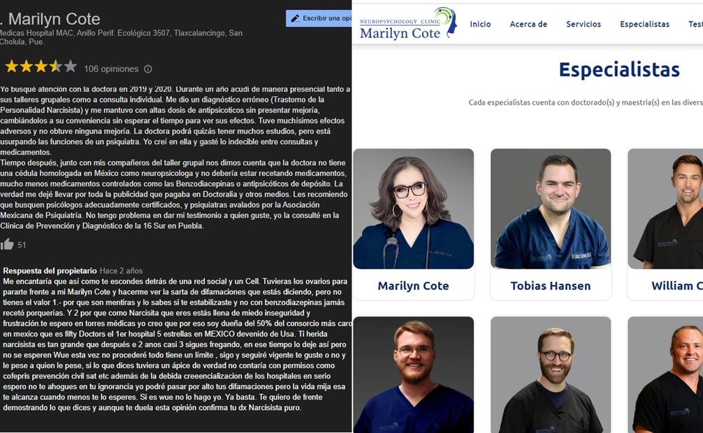 La historia de Marilyn Cote, a quien también se conoce como "Dra. Marilyn Cote" en sus perfiles de redes sociales, explotó en Twitter cuando se revelaron sus métodos fraudulentos. Cote respondía de manera agresiva a las reseñas negativas en Google. Foto: Captura de pantalla