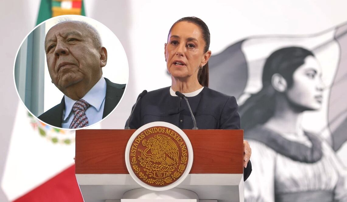 La presidenta Claudia Sheinbaum durante la mañanera del 30 de abril del 2025. En el círculo: Francisco Garduño, extitular del INM. Fotos: Gabriel Pano y archivo / EL UNIVERSAL