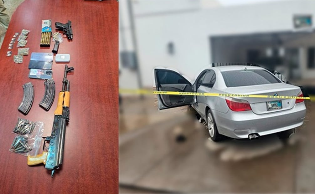 Durante el operativo de detención se les aseguró un arma larga de fuego calibre 7.62x39 mm, cartuchos útiles, envoltorios con metanfetamina y marihuana, además de los teléfonos celulares de los imputados. Foto: Fiscalía General de Justicia del Estado de Sonora