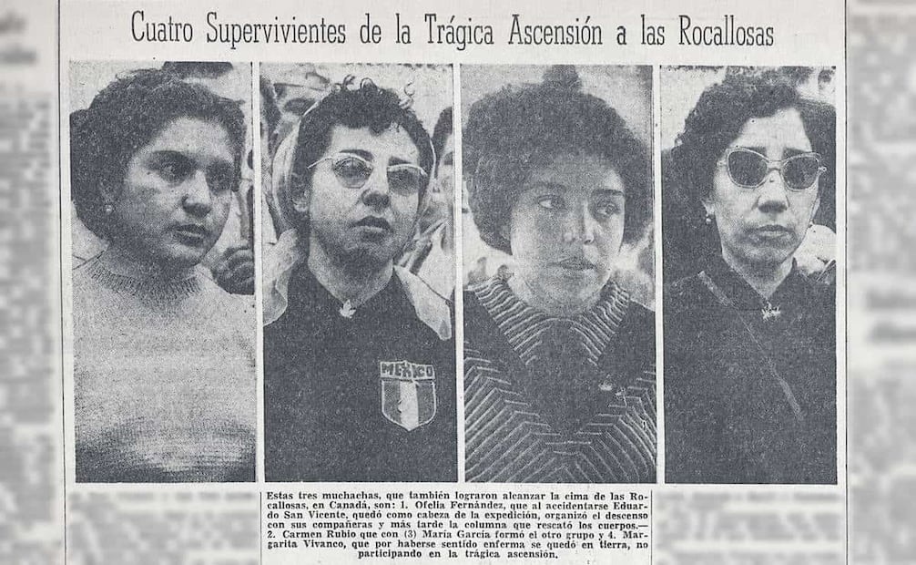 Fotografía de las cuatro sobrevivientes de la expedición a las Rocallosas. La hipótesis sobre el accidente indicó que una de las alpinistas resbaló con su peso jaló al resto de su cordada. Foto: Hemeroteca EL UNIVERSAL.
