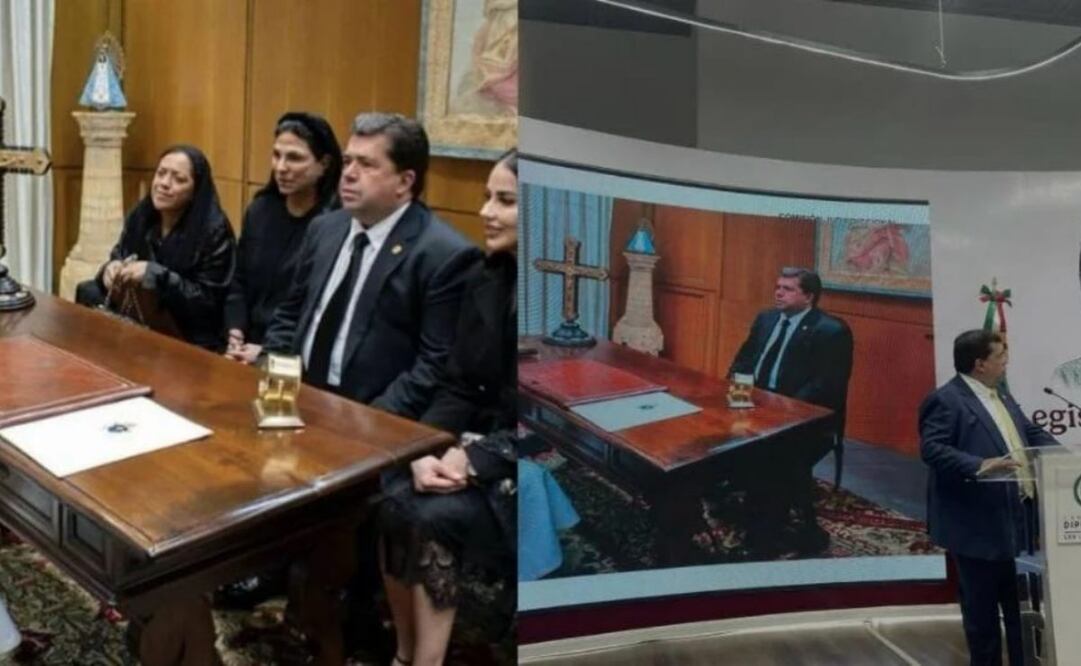 En la conferencia de este martes, Pedro Haces mostró la foto, pero editada, en la que aparece él solo de frente al sumo pontífice. (18/02/2025) Foto: Especial