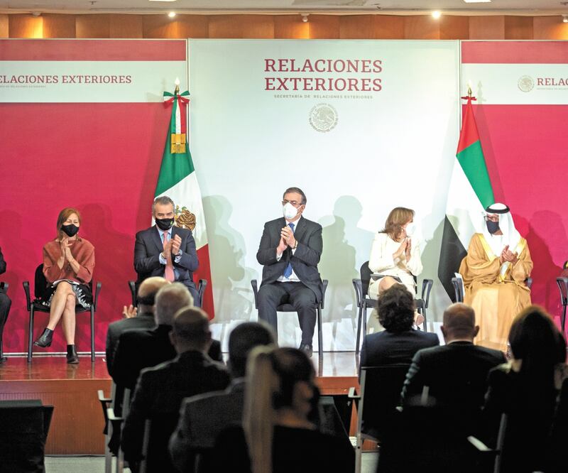 El secretario de Relaciones Exteriores, Marcelo Ebrard Casaubon (centro), presentó el Pabellón México en la Expo Dubái 2020. Foto: GERMÁN ESPINOSA. EL UNIVERSAL