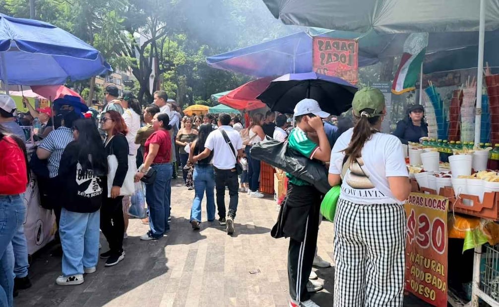 Con sombrillas y carritos, los comerciantes se colocaron en el perímetro de la Alameda. 16/09/2026. | Foto: Arturo Ordaz Díaz.