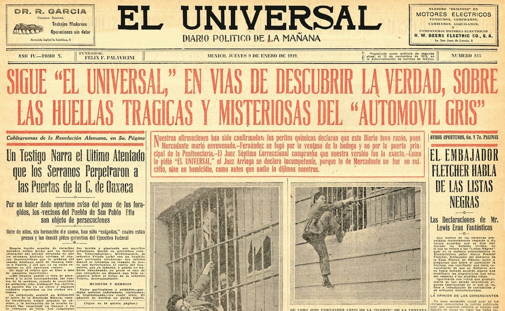 El Gran Diario de México siguió de cerca las sospechosas muertes de los reos que integraron la Banda del Automóvil Gris. En la plana se ven las fotos de una recreación de los hechos en las instalaciones de Lecumberri. Hemeroteca EL UNIVERSAL.