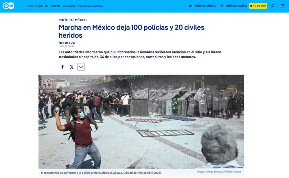 Cobertura del medio DW sobre la marcha de la generación Z en México. Foto: Captura de pantalla