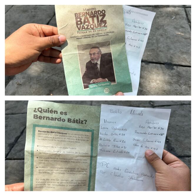 Entre propaganda de algunos candidatos cercanos a la Cuarta Transformación, personas dan acordeones escritos a manos de postulantes "que le darán continuidad". Foto: Especial