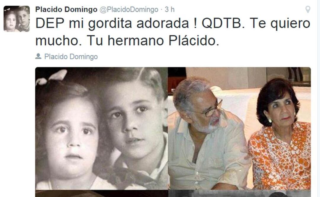 María José era la hija pequeña de los cantantes de Zarzuela Plácido Domingo y Pepita Embil, y la única hermana del tenor y barítono español. FOTO: Twitter/@PlacidoDomingo