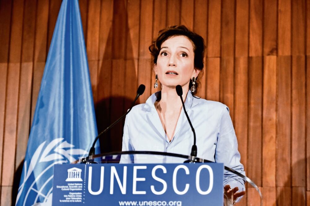 Audrey Azoulay, en su discurso en la sede de la UNESCO en París. (CHEN YICHEN. XINHUA)