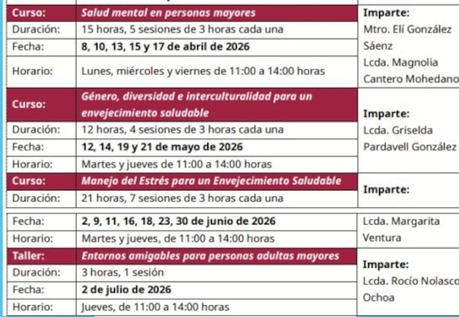 Programación cursos primer semestre 2026 INAPAM. Foto: Especial