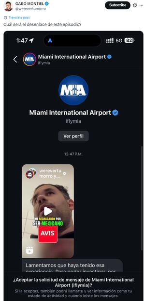 El Aeropuerto de Miami pidió disculpas al influencer por la mala experiencia. Foto: Captura de pantalla