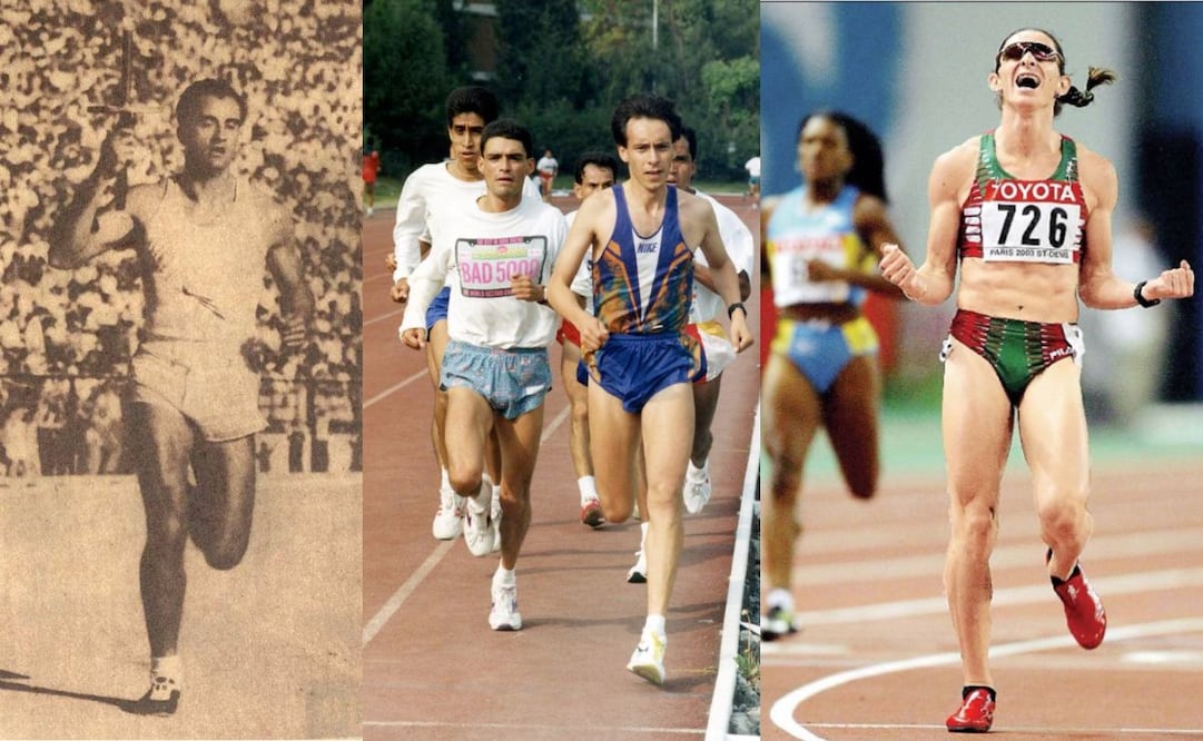 Los corredores de 1950 (izq.), 1984 (centro) y 2000 (der.) tenían en común la playera sin mangas; los avances se notan en sus shorts y tenis. Archivo EL UNIVERSAL.