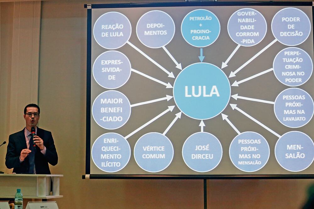 El fiscal brasileño Deltan Dallagnol, coordinador de la fuerza de tarea de la Operación “Lava Jato”, en la conferencia de ayer en Curitiba en la que explicó los cargos presentados contra el ex presidente Luiz Inácio Lula da Silva (GERALDO BUBNIAK. XINHUA)