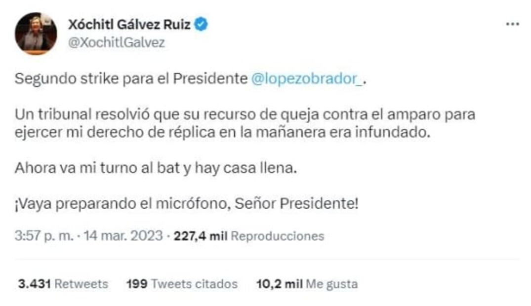 "Ahora va mi turno al bat y hay casa llena", Xóchitl Gálvez celebra revés contra AMLO y alista derecho de réplica