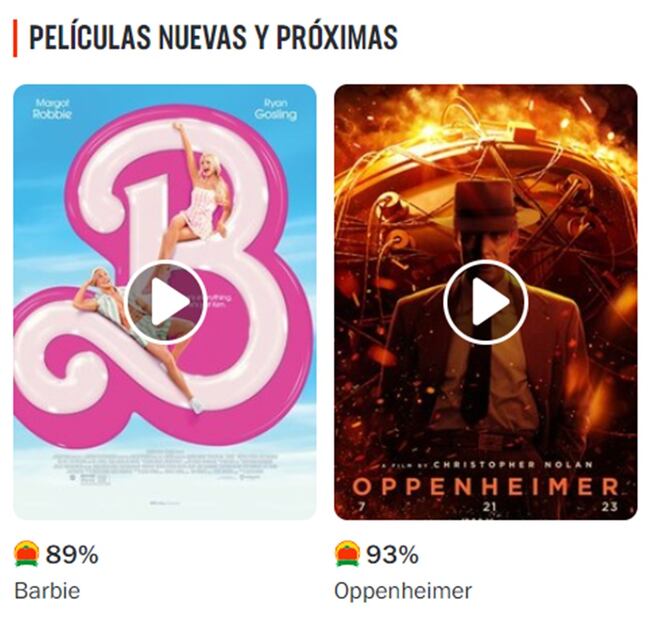 ¿Barbie u Oppenheimer? Rotten Tomatoes califica las películas. Foto: Captura tomada de Rotten Tomatoes