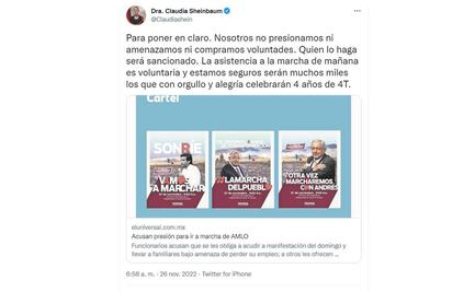 “Nosotros no presionamos ni amenazamos ni compramos voluntades”: Sheinbaum sobre marcha de AMLO