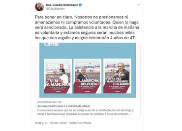 “Nosotros no presionamos ni amenazamos ni compramos voluntades”: Sheinbaum sobre marcha de AMLO