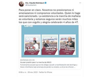 “Nosotros no presionamos ni amenazamos ni compramos voluntades”: Sheinbaum sobre marcha de AMLO