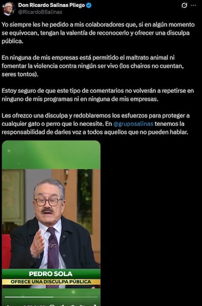 Salinas Pliego ofrece disculpas tras comentarios de Pedro Sola sobre “envenenar” a perros. Foto: Captura de pantalla