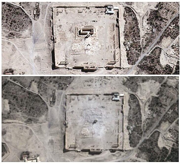 Tomas satelitales difundidas por la ONU que muestran el antes y después de Palmira. En ellas se confirma la destrucción del templo de Bel, el edificio principal del sitio (ARCHIVO EL UNIVERSAL)