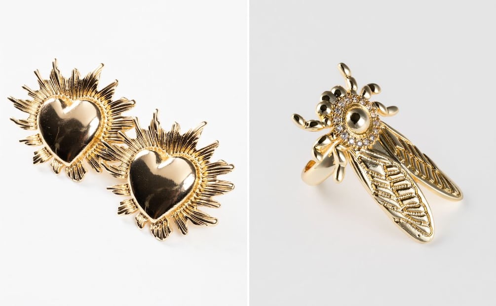 Aretes de corazón sagrado y anillo de cigarra dorado. Foto: Cortesía Forchetta