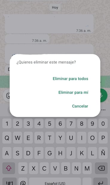 Si usas la función "Eliminar" de WhatsApp, las otras personas sí son notificadas. Foto: Captura de pantalla