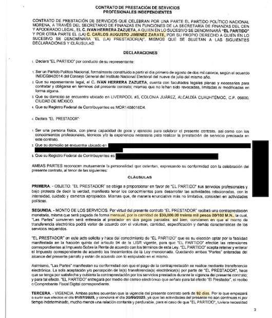 Contrato de Carlos Augusto Jiménez Zarate con Morena en 2025. Foto: Captura de pantalla