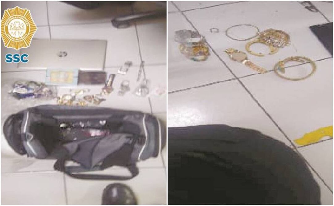A los asaltantes se les decomisó joyería, relojes, una laptop y dos bolsas de mano de mujer, así como mochilas, dinero en efectivo y una réplica de arma. Foto: ESPECIAL