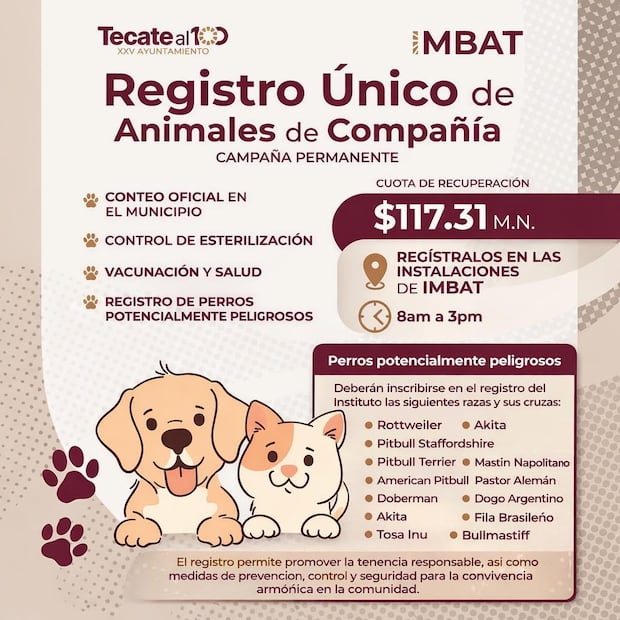 Imagen informativa del RUAC y la nueva cuota para perros peligrosos en Tecate, Baja California. Foto: Facebook IMBAT