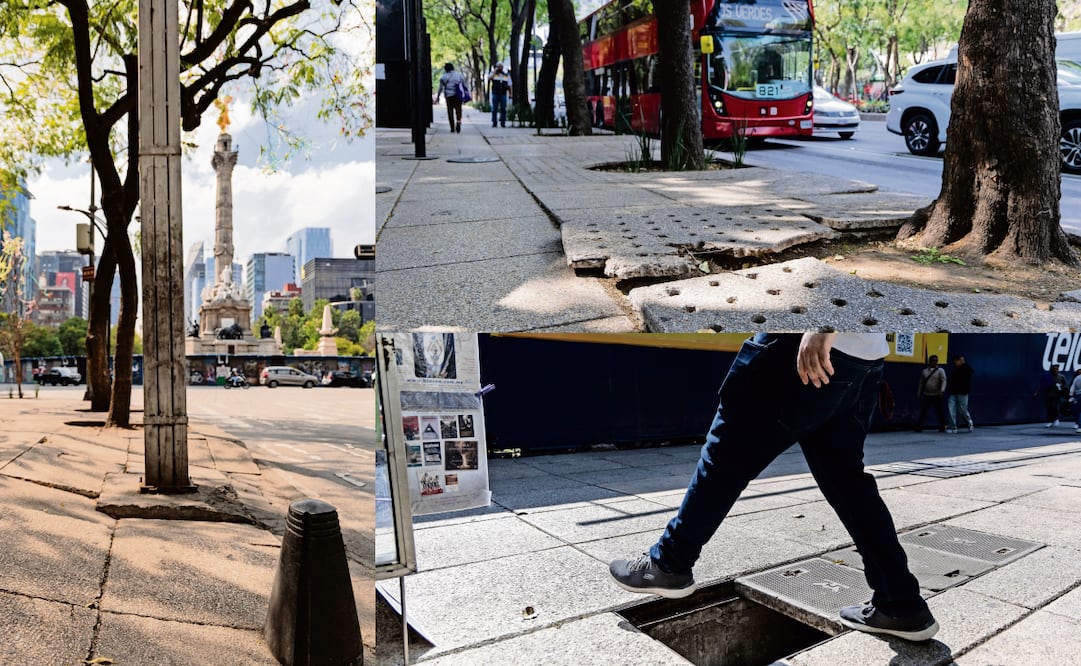 Transeúntes deben sortear banquetas levantadas, registros sin tapa a lo largo de Paseo de la Reforma. Fotos: Hugo Salvador / EL UNIVERSAL