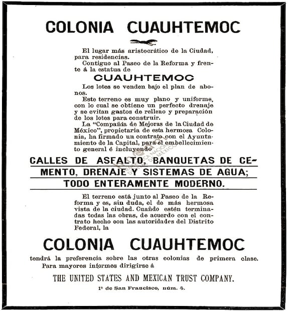 Anuncio de la colonia Cuauhtémoc en la CDMX en 1909. Col Carlos Villasana.