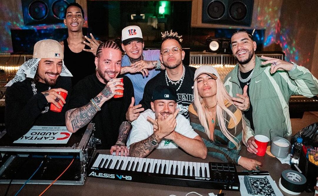 La llamada "Bichota" juntos Feid, Maluma, J Balvin y otros reggaetoneros que participan en el tema "+57". Foto: Instagram