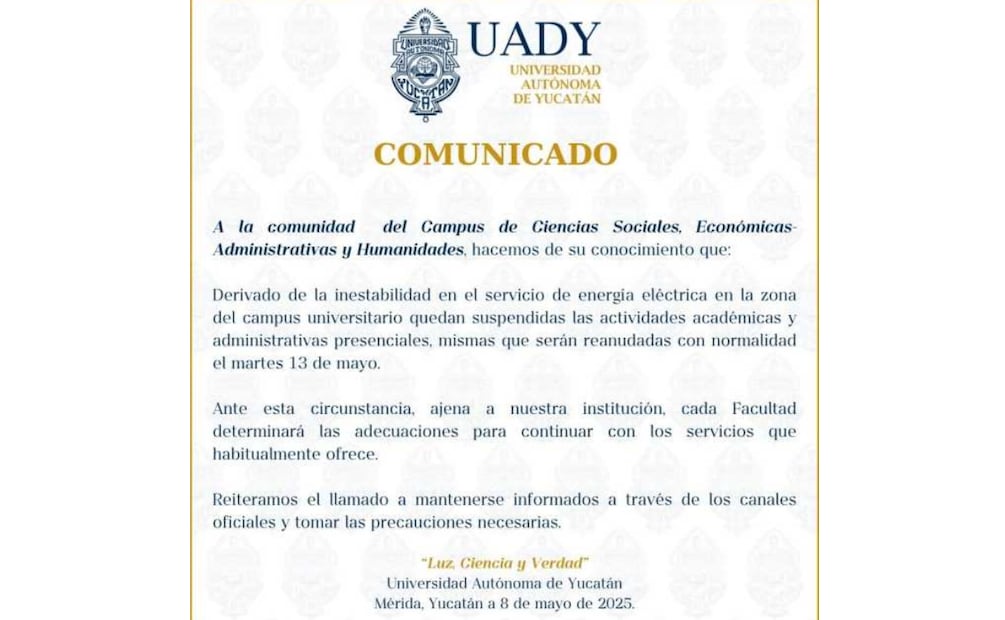 Comunicado de la Universidad Autónoma de Yucatán sobre apagones (09/05/2025). Foto: Especial