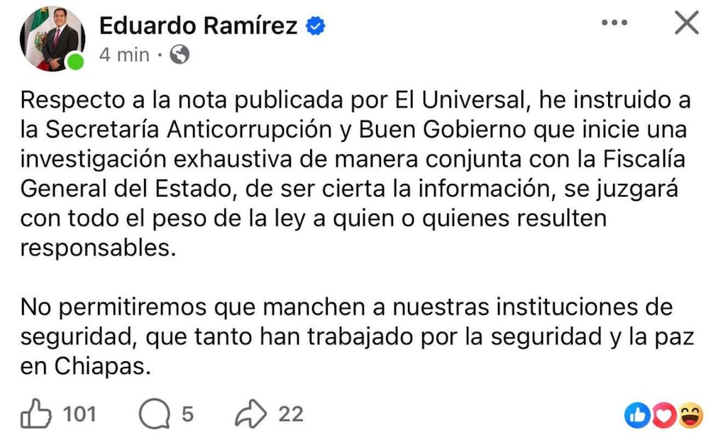 Investigaran a elementos de unidad policial de Chiapas tras presuntos pagos del CJNG (01/03/2026). Foto: Captura de pantalla
