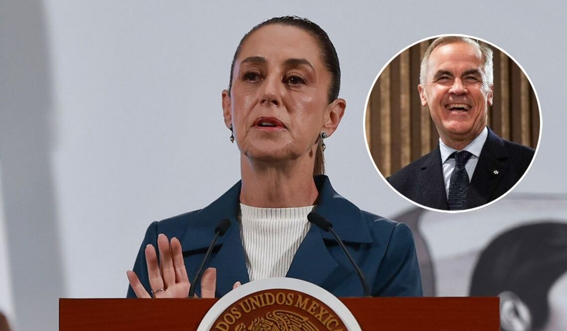 La presidenta Claudia Sheinbaum durante la mañanera del 17 de septiembre de 2025. En el círculo: Primer ministro de Canadá, Mark Carney. Fotos: Berenice Fregoso/EL UNIVERSAL y AP