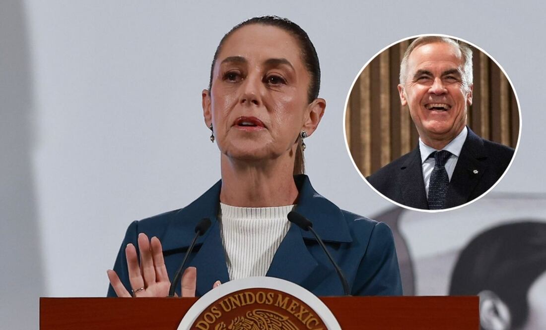 La presidenta Claudia Sheinbaum durante la mañanera del 17 de septiembre de 2025. En el círculo: Primer ministro de Canadá, Mark Carney. Fotos: Berenice Fregoso/EL UNIVERSAL y AP