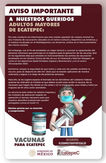 Este martes abrirán solo dos módulos de vacunación para adultos mayores en Ecatepec