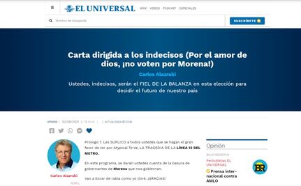 INE no concede retirar columna de Carlos Alazraki publicada en EL UNIVERSAL
