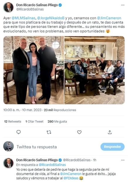 VIDEO: Ricardo Salinas Pliego presume cena con James Cameron: "Un privilegio"