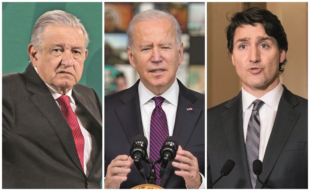 A cinco años de la última reunión entre líderes de México, EU y Canadá, los presidentes Andrés Manuel López Obrador, Joe Biden y el primer ministro, Justin Trudeau. Fotos: Carlos Mejia/ EL UNIVERSAL y AP.