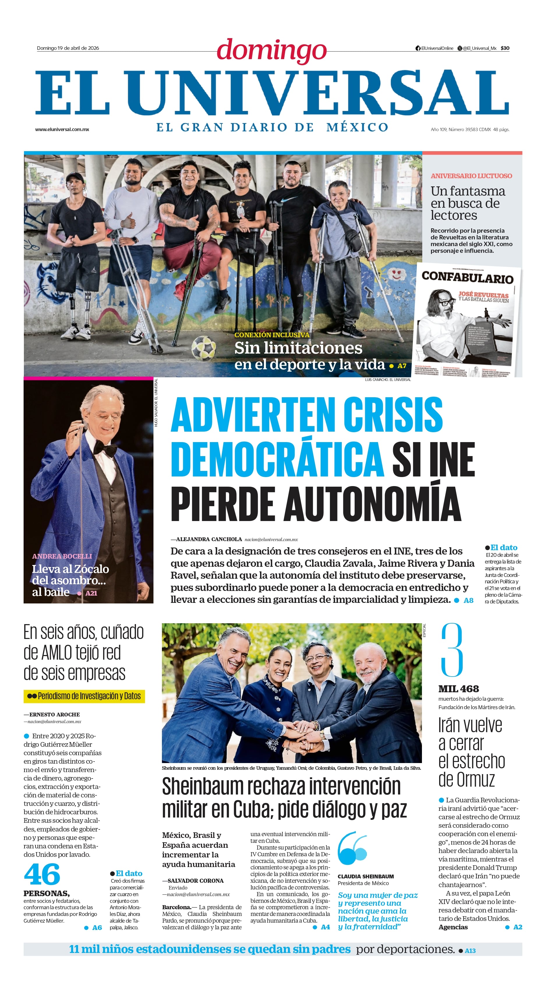 Portada impresa del 19 de abril de 2026