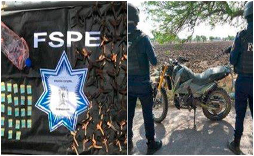 A los detenidos se les decomisaron 60 estrellas metálicas poncha-llantas, una botella con combustible, 23 dosis de cristal, así como una motocicleta. Fotos: Twitter @SeguridadGto