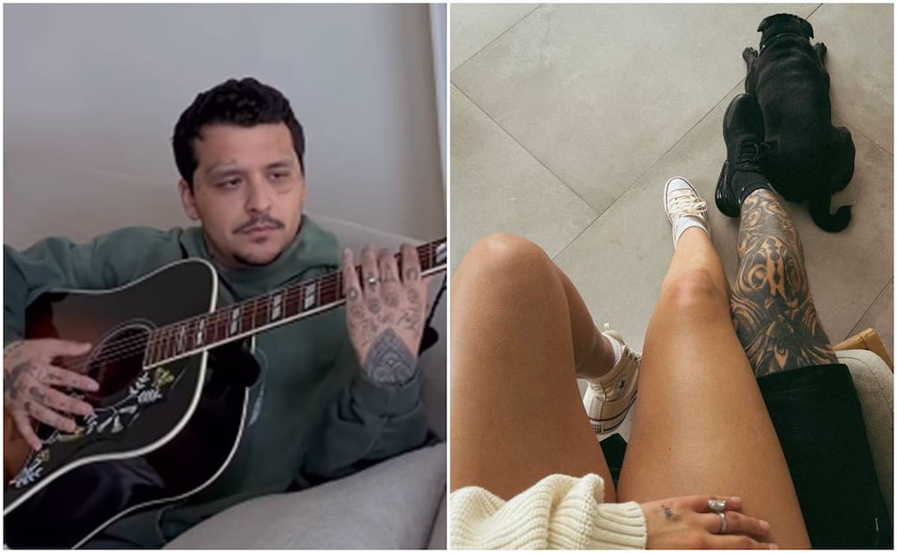 Christian Nodal muestra rostro en 2026 y pierna tatuada junto a su esposa Ángela Aguilar.