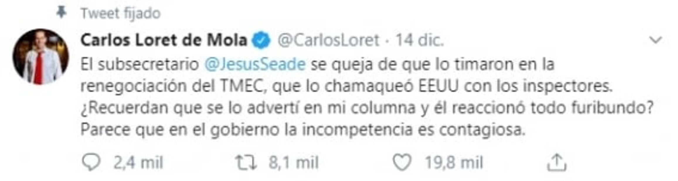 "Loretito", reclama Seade a Carlos Loret por columna