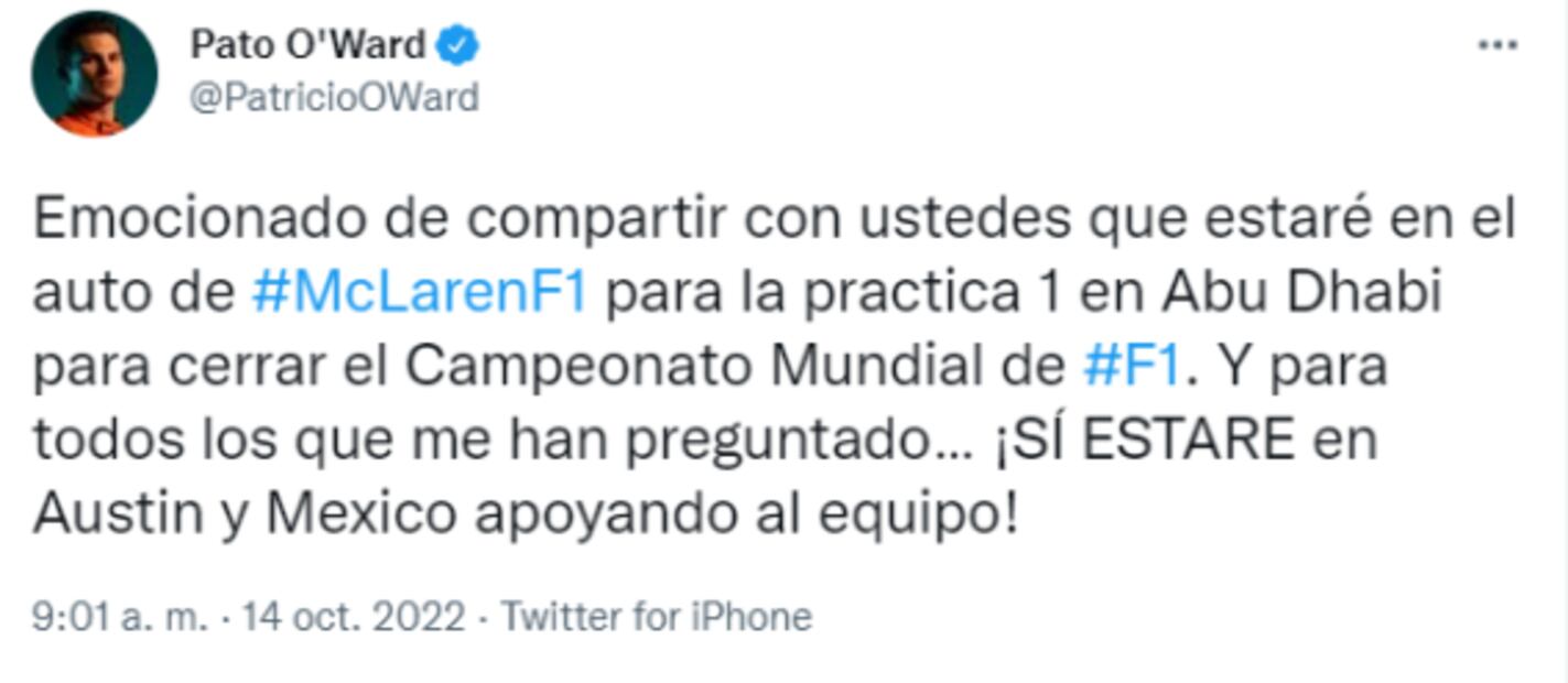 ¡No será en México! Pato O'Ward correrá en el McLaren de F1 en el GP de Abu Dabi