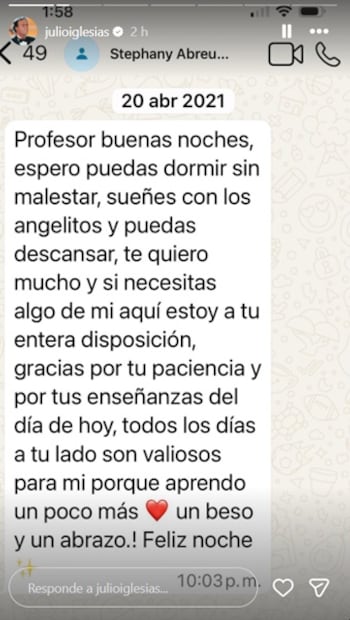 Uno de los mensajes de la exfisioterapeuta muestra una relación cordial con el cantante. Foto: Instagram.