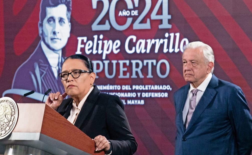 Rosa Icela Rodríguez, secretaria de Seguridad y Protección Ciudadana, y el presidente Andrés Manuel López Obrador se refirieron al caso de la detención del Ismael El Mayo Zambada en la conferencia de prensa matutina de ayer. Foto: Moisés Pablo | Cuartoscuro