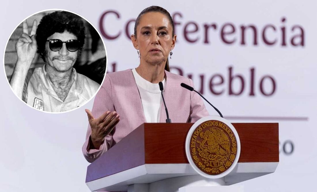 Claudia Sheinbaum, presidenta de México, durante la mañanera del 10 de abril del 2025 en Palacio Nacional. En el círculo: Ernesto Fonseca "Don Neto". Fotos: Hugo Salvador y Héctor Martínez / EL UNIVERSAL