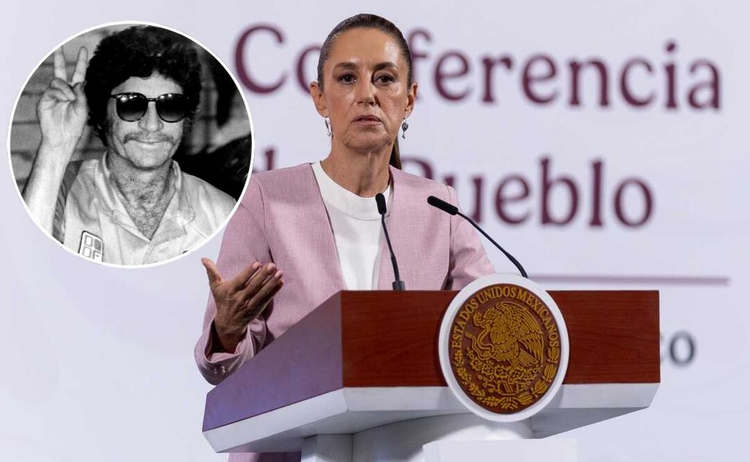 Claudia Sheinbaum, presidenta de México, durante la mañanera del 10 de abril del 2025 en Palacio Nacional. En el círculo: Ernesto Fonseca "Don Neto". Fotos: Hugo Salvador y Héctor Martínez / EL UNIVERSAL